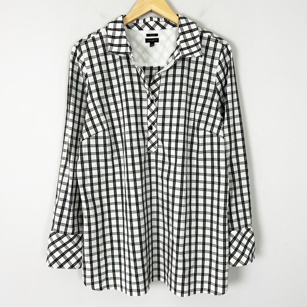 Talbots Non-Iron Black & White Plaid Tunic Shirt Top Classic Career Sz 14 Womens - Picture 1 of 4